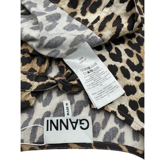 Ganni Leopard Brown Cotton Poplin Peplum Tie Blouse Size 42 - Picture 4 of 4